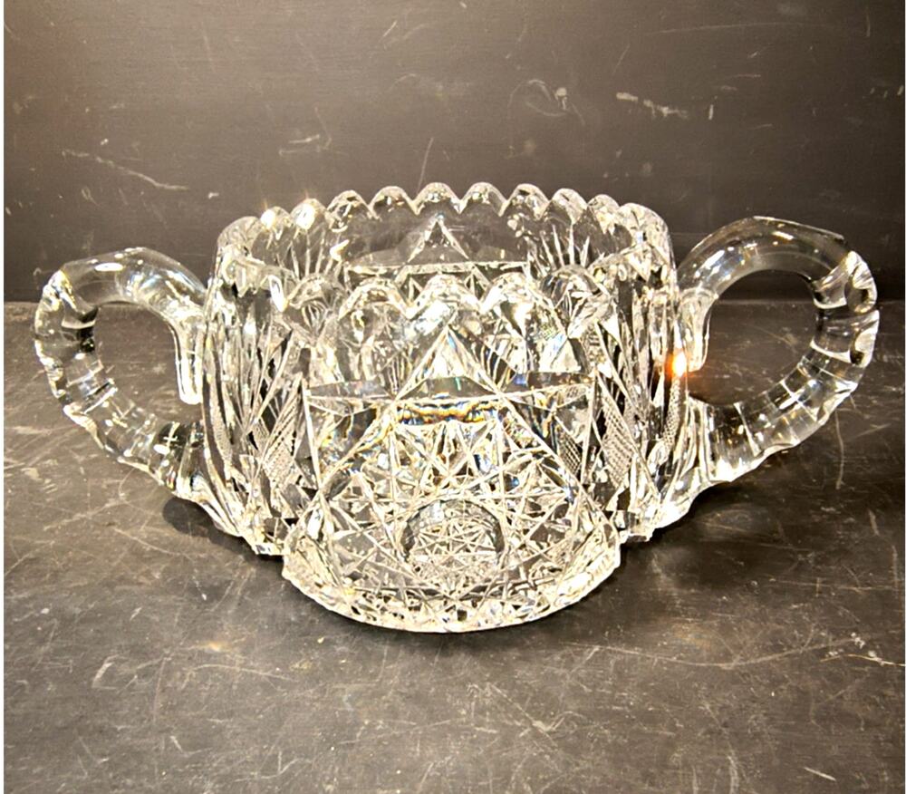 2013.  Antique Leaded Glass Double Handled Sugar Bowl ABP Hobstar Starburst